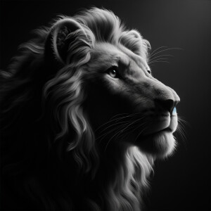 A hyper-ultra-photorealistic portrait of a lion in a peaceful, contemplative pose, with its eyes wide open. The subtle lighting accentuates the soft fur texture and serene expression against a minimalist black background. Created Using: precision in capturing the softness of the fur, subtle shadow play for depth, serene mood, glibatree prompt, emphasis on the tranquil aspect of the lion's demeanor, high contrast to emphasize form and detail, minimalist aesthetic for focus --ar 1:1