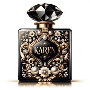 Design a fancy, black and gold bottle of perfume in the shape of a woman’s body. With a golden diamond top, flowers pearls and Diamonds in the name, Karen