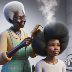 Create a realistic 3-D image of an african-American grandmother in the kitchen with her african-American granddaughter. The grandmother has a hot comb in her hair and she is straightening her granddaughters hair. One side of her granddaughters hair is in  a Afro the other is bone straight 
There is smoke coming from the hot comb