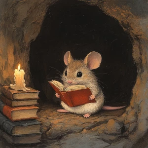 A small mouse, light brown and gray in color, is depicted in a stylized illustration. The mouse is seated in a dark cave-like opening, positioned slightly to the left of center within the frame.  It is holding an open, reddish-orange book, with the mouse's attention directed towards the book.  The mouse's expression is contemplative and focused, with large, dark eyes.  The mouse's body is proportionate and rounded, with visible paws and subtle fur details.  A small, lit candle is visible to the mouse's left, along with stacks of books. The background is dark and shadowed, contrasting with the light from the candle and the mouse's position.  The style is illustrative and painterly, reminiscent of a detailed colored pencil or pastel drawing.  The lighting is soft, highlighting the mouse and the book, creating a warm atmosphere.  The composition is well-balanced, focusing the viewer's attention on the mouse engrossed in reading. The perspective is slightly above the mouse, drawing attention to the scene as if peering into a small cave.  The overall style is quiet and engaging.