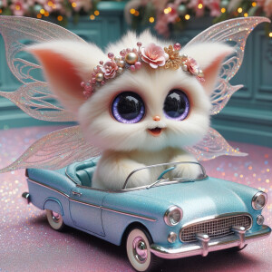 Imagine a whimsical, fluffy creature with large, sparkling purpl...