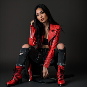 Photo of fair skinned hourglass figure woman with dark straight...