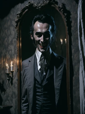 satisfied with smile Dracula’s face (like Christopher Lee face i...