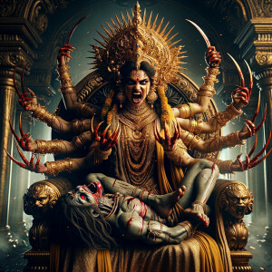 portrait of angry looking, four-armed indian goddess sitting on...