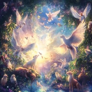 Create an image of a tranquil celestial paradise where diverse a...