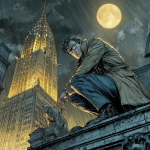 Ultra-detailed manga noir illustration, low-angle view of a lone...