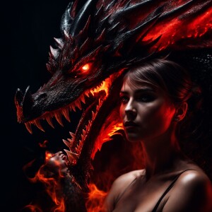 A menacing demon dragon with blood-red scales and glowing eyes,...