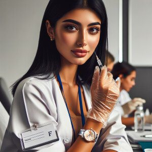 a cosmetologist, her name tag is @dr_fatimusha, she works in a c...