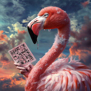 Pink flamingo holding a bingo card looking up at the sky, extrem...