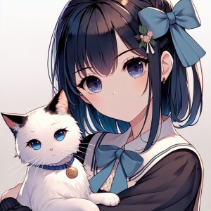Realistic anime woman with dark blue hair and dark brown eyes. S...