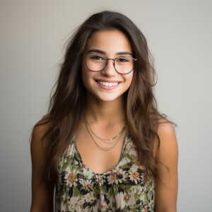 A cute woman

Thin glasses

Californian

Smiling 

Clothes: Flor...