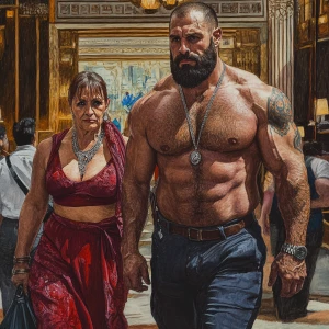 realistic art 1:1.A sweaty beefy man walking with his 54 year ol...