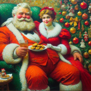 impasto oil painting of a smiling Santa sitting in a big puffy c...