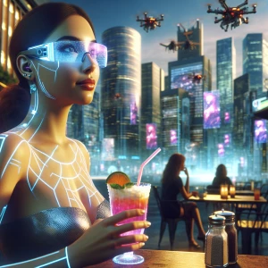 A woman with subtle cybernetic enhancements sitting at an outdoo...