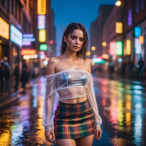 woman with wet hair glowing in city lights, white off-shoulder t...
