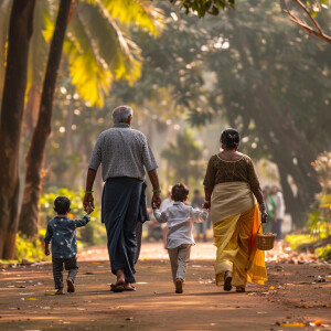 Indian  2024 grandparents and kids going for walk in park in Ker...
