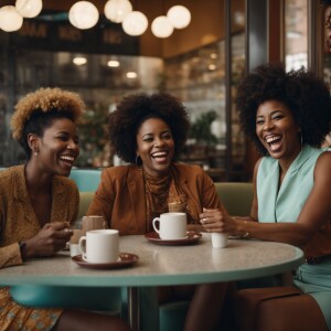 3 African American women sitting in a cafe having coffee and lau...