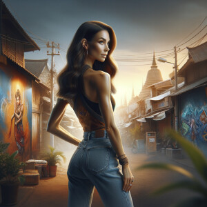 Athletic Thin skinny Attractive, Asian teenage girl, long brown hair and bangs, wearing tight skinny jeans and a halter top paint marks on her clothing, heroic pose Asian graffiti background,  backside view