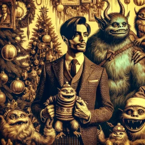 Cozy Christmas image. An Italian man with black hair styled in a...