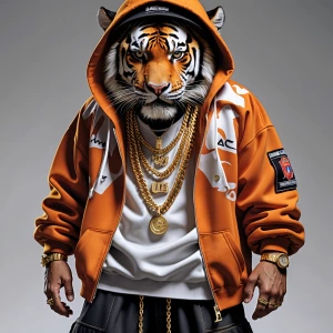 Create an image of a man-tiger hybrid wearing hip-hop attire, in...