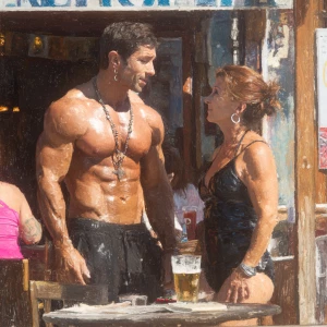 Photo Hyperrealism, painting,a muscular sweaty beefy criminal so...