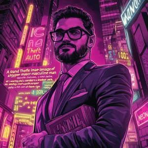 "A Grand Theft Auto key art-style image of a hyper-masculine man...