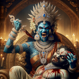 portrait of extremly angry looking goddess kali, blue skinned, s...