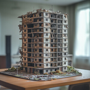 A miniature run-down creepy ussr building stands on a table in a...