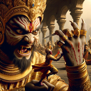 portrait of angry looking goddess durga pinning a weak mahishasur to the ground with her foot and stabbing him with her amazingly long fingernails. She is wearing gold armor, a huge gold crown, gold saree, abundant  gold jewelry, covered in blood. The scene is set in ancient India. The image is 8K resolution, photography, cinematic, ultra detailed face and epic