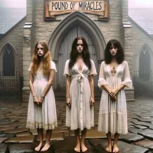 Create a color film photograph from 1962 of three beautiful, ext...