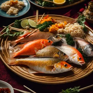 Steamed Chinese fish served on a traditional plate with chopstic...
