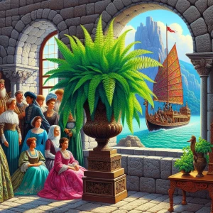 Depict a group of traditionally dressed Viennese women alongside a verdant vase within the interior of a castle, while a Mongol-style ferry is visible through a window in the background.