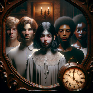 Four teenagers are standing in a dark room. The figure of a girl...