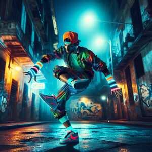 Generate an image of a breakdancer executing an intricate move,...