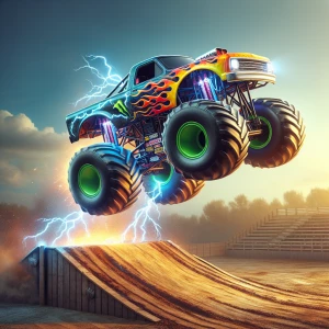 A brightly colored monster truck, its body covered in flames and lightning decals, launching off a dirt ramp in mid-air