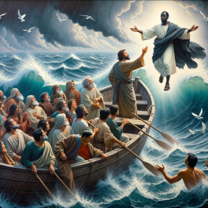 African-American Jesus telling Peter to come walk on the water,...