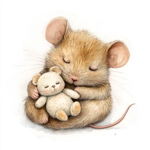 mouse
 curled up sleeping with a teeny tiny teddybear. Watercol...