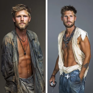 Create a before and after image depicting rags to riches using a...