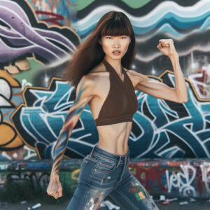 Athletic Thin skinny Attractive, Asian teenage girl, long brown hair and bangs, wearing tight skinny jeans and a halter top paint marks on her clothing, heroic pose Asian graffiti background