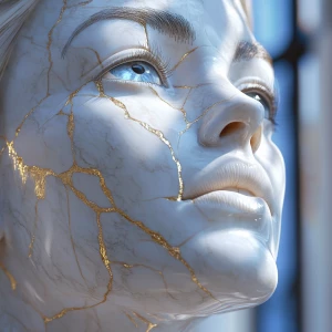 A Woman's Face Sculpted from Carrara Marble, veins of shimmering...