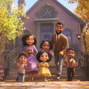 Create an animated Pixar image of a beautiful happy African American family walking up the steps of a church