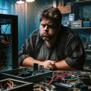 Sad fat man repairing computer