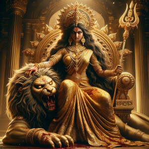 portrait of angry looking goddess durga sitting on a gold crown and carrying a weak mahishasur on her lap and stabbing him with her amazingly designed trident. She is wearing gold armor, a huge gold crown, gold saree, abundant  gold jewelry, covered in blood. The scene is set in ancient India. The image is 8K resolution, cinematic, ultra detailed face and epic.