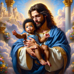 Classical oil painting style depicting an African-American Jesus...