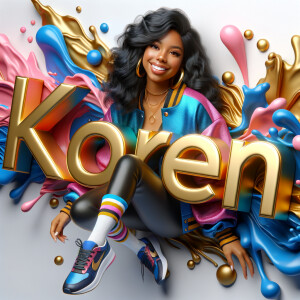 3D writing name "KAREN" bold glossy gold. There is a beautiful African-American latino woman, smiling with long black, wavy hair,, blue and gold trendy jacket and outfits in blue, pink, and gold tones, sport shoes, sitting under the name. Her outfits are glossy. dynamic color explosion background, of pink, blue, gold colors, splashed on white wall