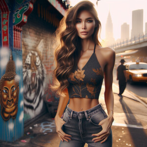 Athletic Thin skinny Attractive, Asian teenage girl, long brown hair and bangs, wearing tight skinny jeans and a halter top paint marks on her clothing, heroic pose Asian graffiti background, rear view