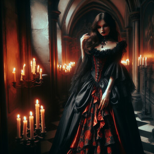 Prompt:   Elizabeth Montgomery as a Vampire.  Gothic Hallway, ca...