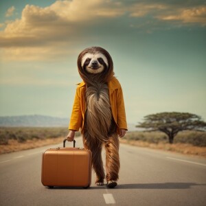Half girl half sloth with suitcase walking down very long road w...