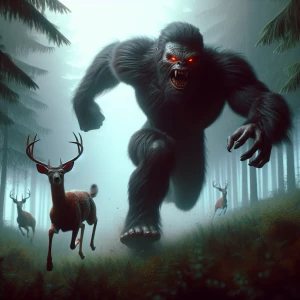 An illustration of a menacing humanoid sasquatch with thick, dar...