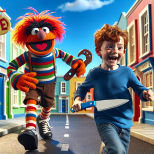 Chucky as a Sesame Street muppet chasing a boy with a knife